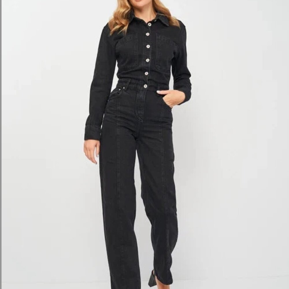 Zara Black Denim Jumpsuit with Front Buttons